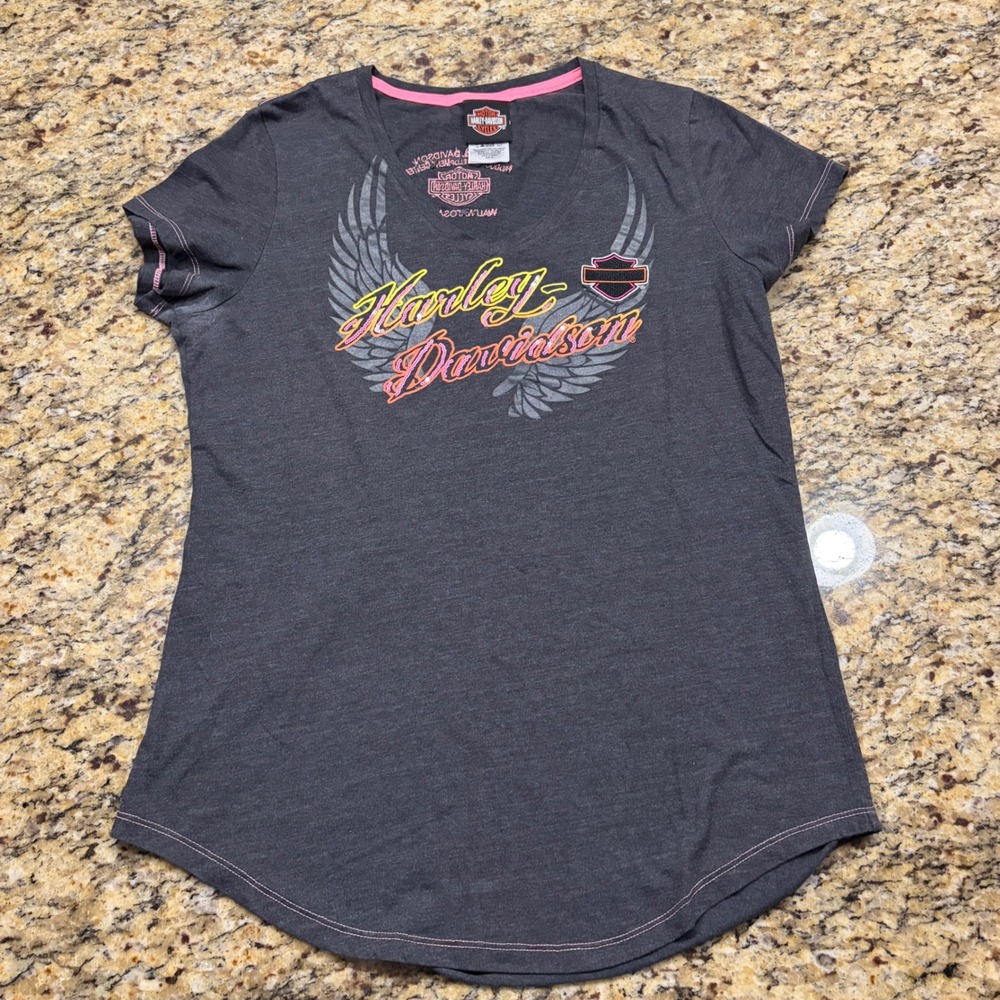 Harley Davidson Womens XL V-Neck Sequin Winged Graphic T-Shirt Charcoal Grey ws